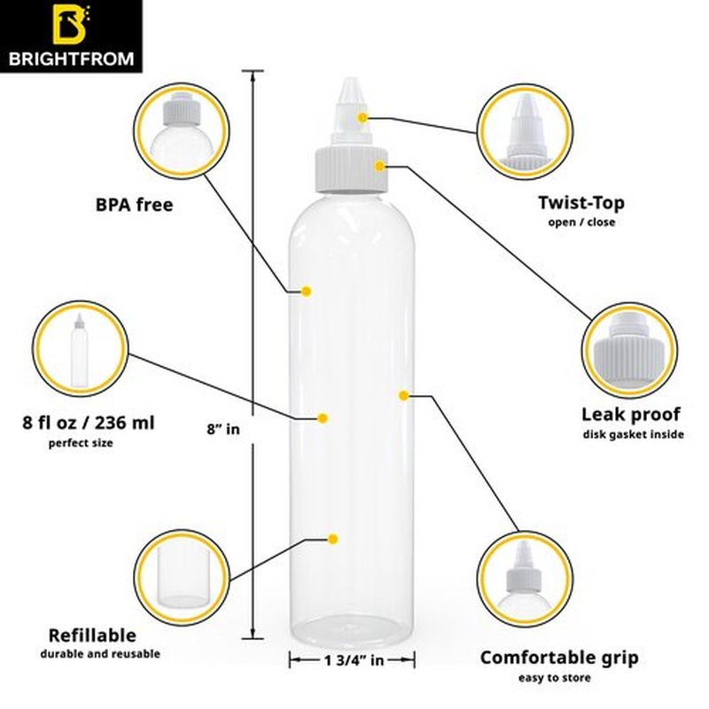 BRIGHTFROM Twist Top Applicator Bottles, Clear 8 OZ BPA-Free Plastic, Empty, Squeeze, Refillable - Open/Close Nozzle - Multi Purpose (Pack of 2)