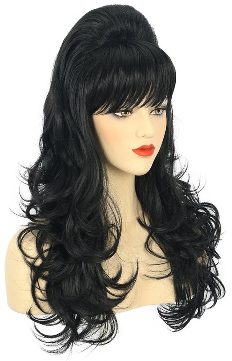 karlery Adult Women Long Wavy Black Wig Bouffant Beehive Wig 60s 70s Themed Party Costume Wig