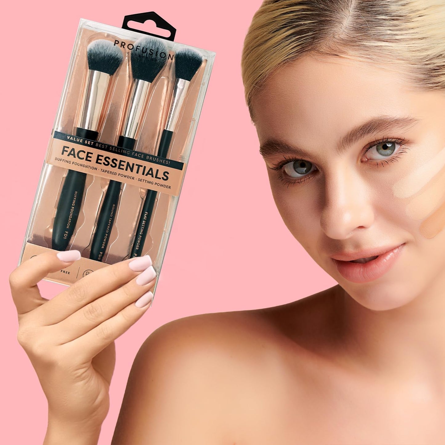 Profusion Cosmetics Face Brush Set - 3-Piece Vegan Makeup Tools for Foundation, Powder & Setting