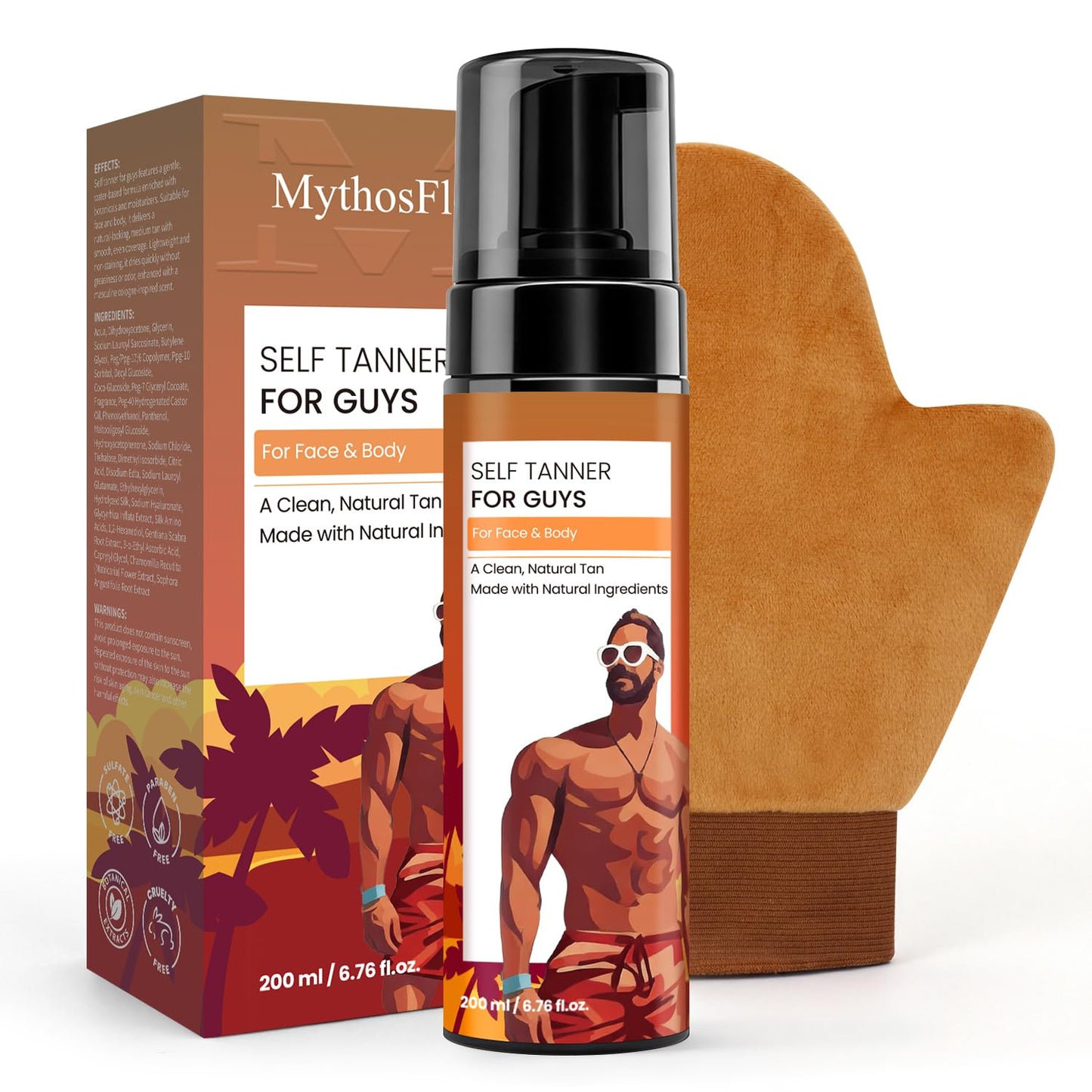 MythosFlow Self Tanner for Men Self Tanning Mousse with Mitt, Fast-Drying Sunless Tanner Foam for Face and Body, Natural Medium Bronze Quick Tan, Lightweight, Smooth Fade, 6.76 Fl Oz