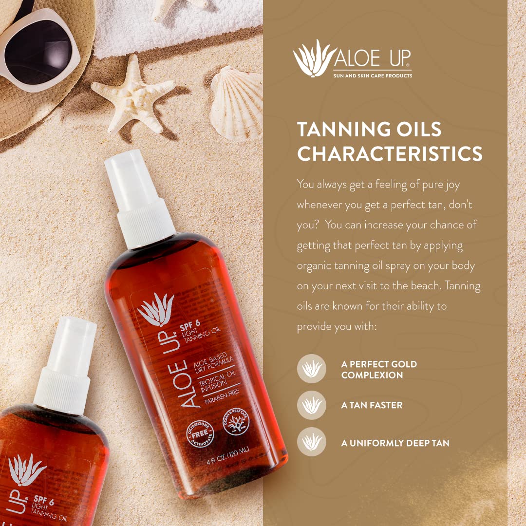 Aloe Up Light Tanning Oil With SPF 6 Sunscreen - Body and Face Tanning for Outdoor Sun - With Pure Aloe Vera Oil and Natural Oils - Absorbs Quickly - - Fresh Tropical Scent - 4 Oz