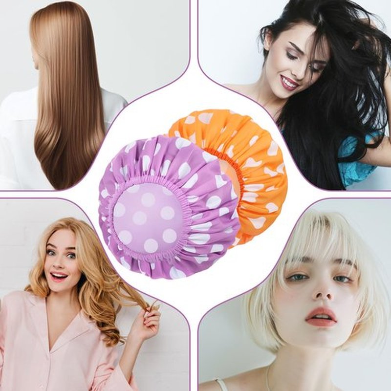 2 Sets Large Shower Caps for Women, Waterproof Shower Cap Double Layers Bath Caps Stocking Stuffers for Women Long Thick Hair (Purple/Orange)