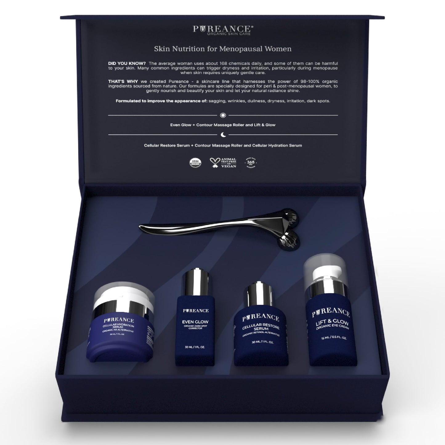 Pureance Mature Glow Gift Box - Mothers Day Gifts Skin Care Set for Women - Bakuchiol Plumping Serum, Dark Spot Corrector, Under Eye Cream, Hydrating Serum, Derma Roller Facial Skincare Routine