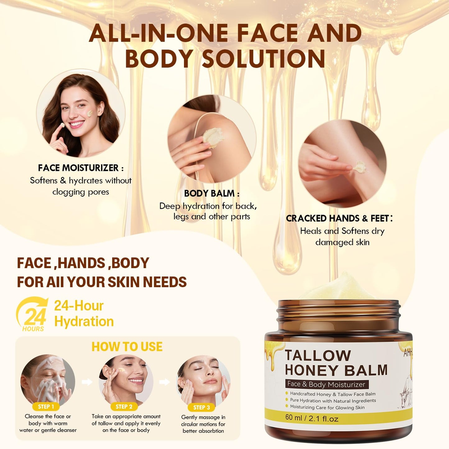 Beef Tallow for Skin – 100% Organic Grass Fed Natural Tallow & Honey Face Balm, Whipped Beef Tallow for Sensitive Skin and Face + Body Care, Moisturizing Natural Formula