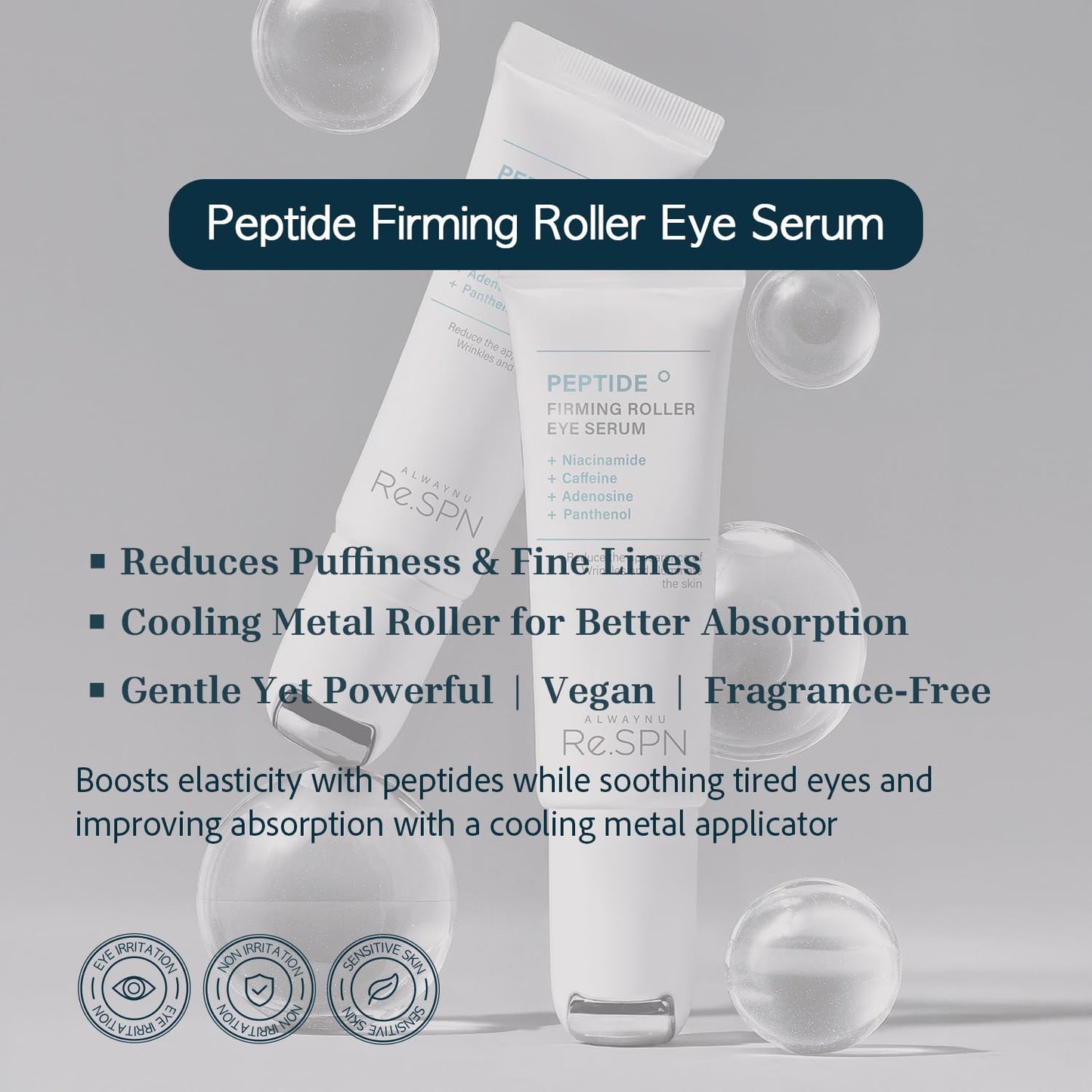 Re.SPN Peptide Firming Roller Eye Serum–Hydrating Eye Care for Puffy Eyes & Dark Circles with Caffeine & Niacinamide,Cooling Gua Sha Metal Applicator,Under Eye Brightener, Vegan K-Beauty(0.67 fl oz)