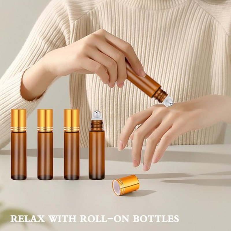 4 Pack, Essential Oil Roller Bottles, Amber Glass Roller Balls for Essential Oils, 10ml Empty Rollerball Bottles for Travel Refillable Roll on Perfume Bottles with Caps