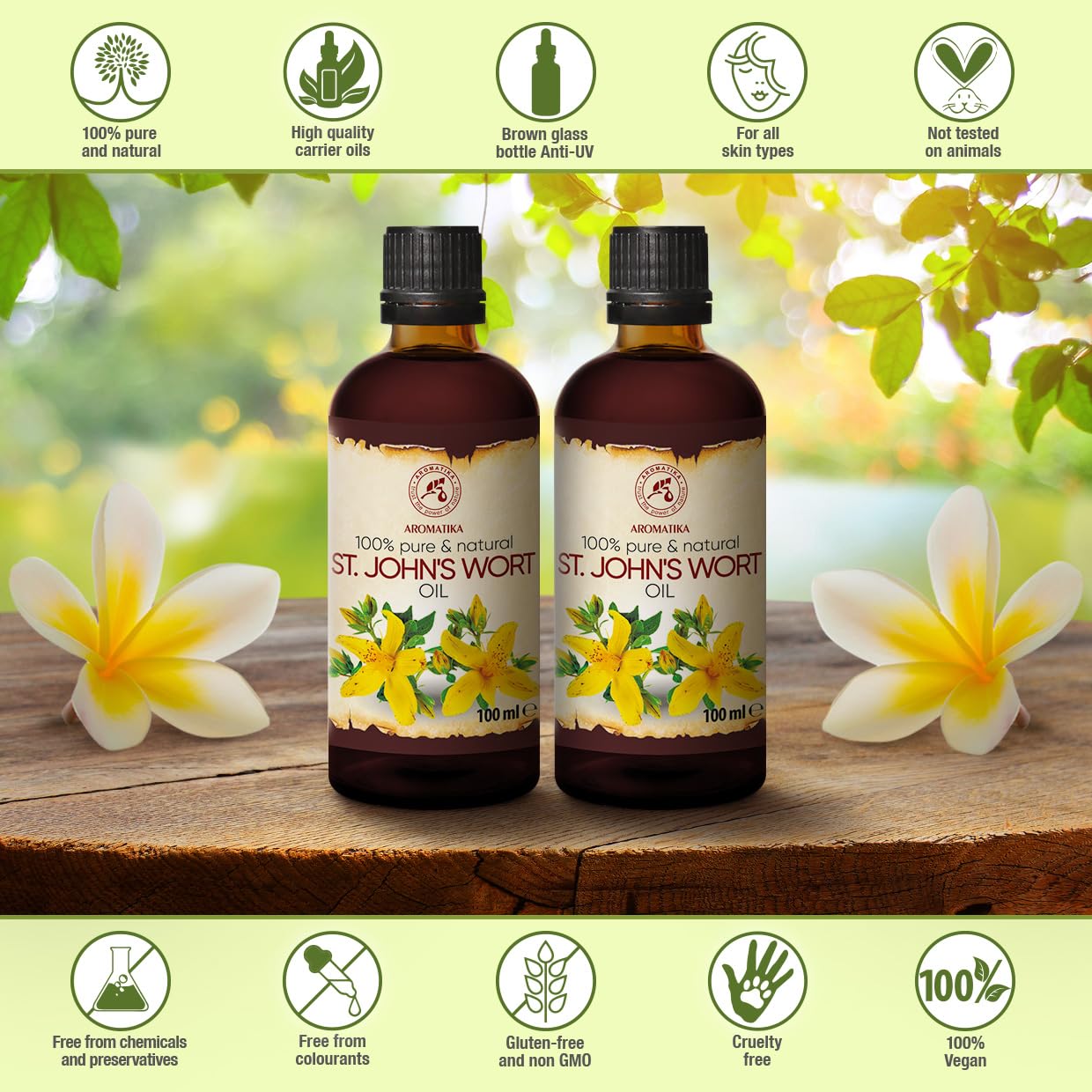 AROMATIKA St Johns Wort Oil 6.8 oz (2 * 100ml) - Hypericum Perforatum - Carrier Oil for Essential Oils - Oil for Skin - Hair Oil - Body Oil - Face Oil - Bath Oil