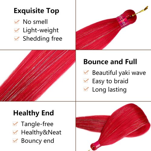 Upgraded Braiding Hair Extension Mix Tinsel, Pre Stretched Braiding Hair for Braiding Twist Braids Itch Free Hot Water Setting Yaki Straight Synthetic Hair (Rose red tinsel, 28 Inch (Pack of 3))