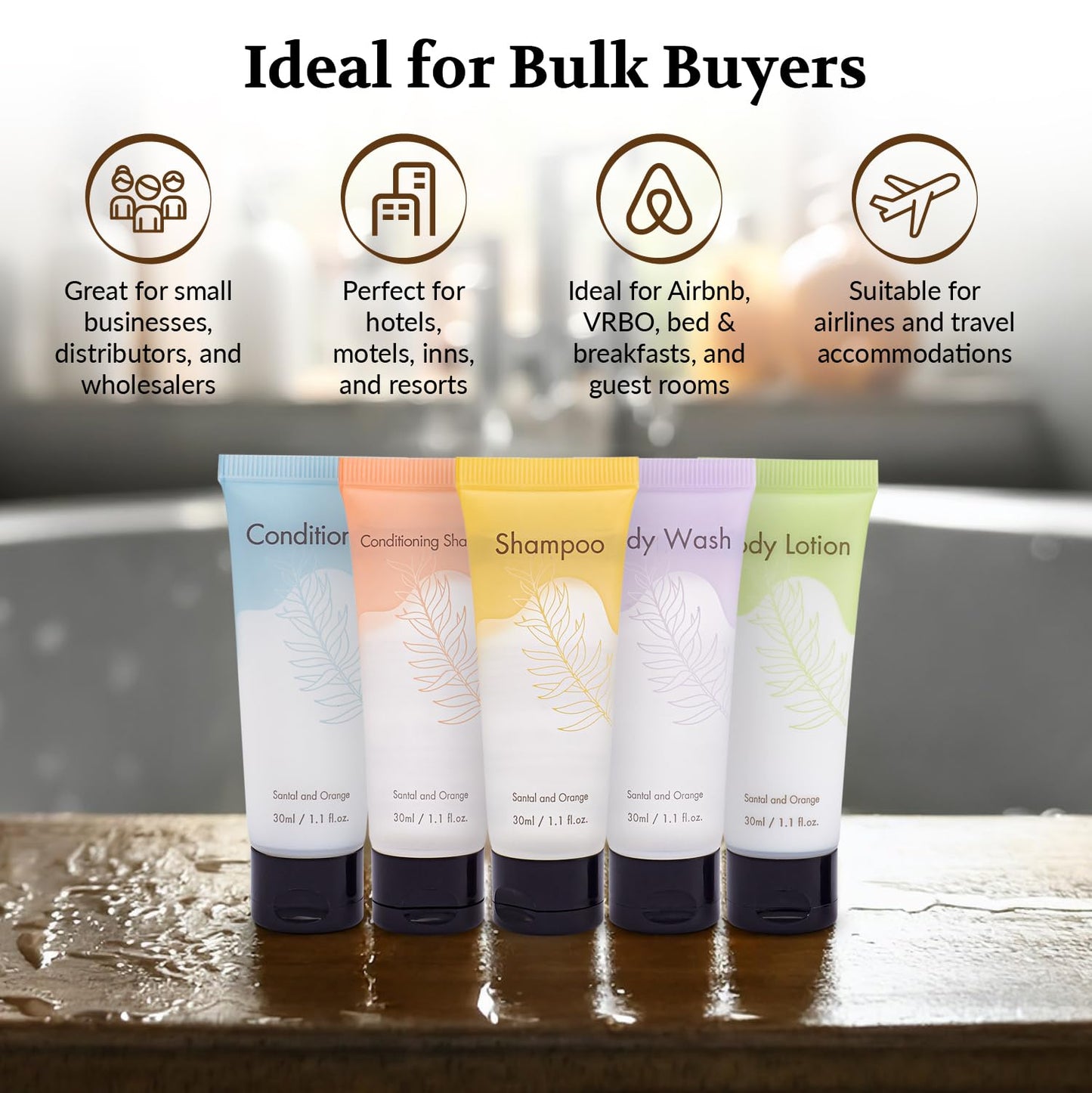 NISGUR Leak-Proof Travel Size Body Wash 1 Oz Each Pack of 200 Bulk Pack Santal and Orange Scent Hotel Body Wash Amenities and Toilteries for Hospitality