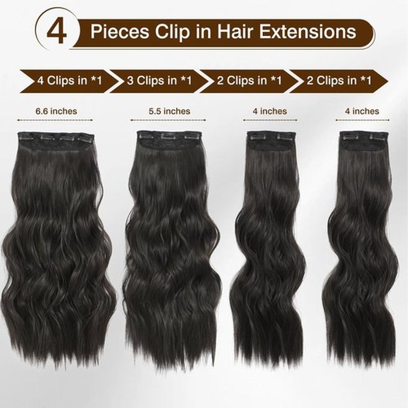 Hair Extensions 4PCS Clip In Hair Extensions Long Wavy Brown Black Hair Extensions Thick Full Head & Smooth Synthetic Hairpieces for Women