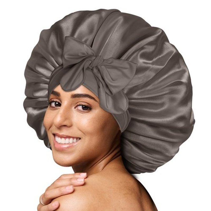 BONNET QUEEN Large Satin Bonnet Silk Bonnet for Sleeping Women Hair Bonnet Big Bonnet Night Sleep Cap Scarf Wrap for Curly Hair with Tie Band Grey Brown