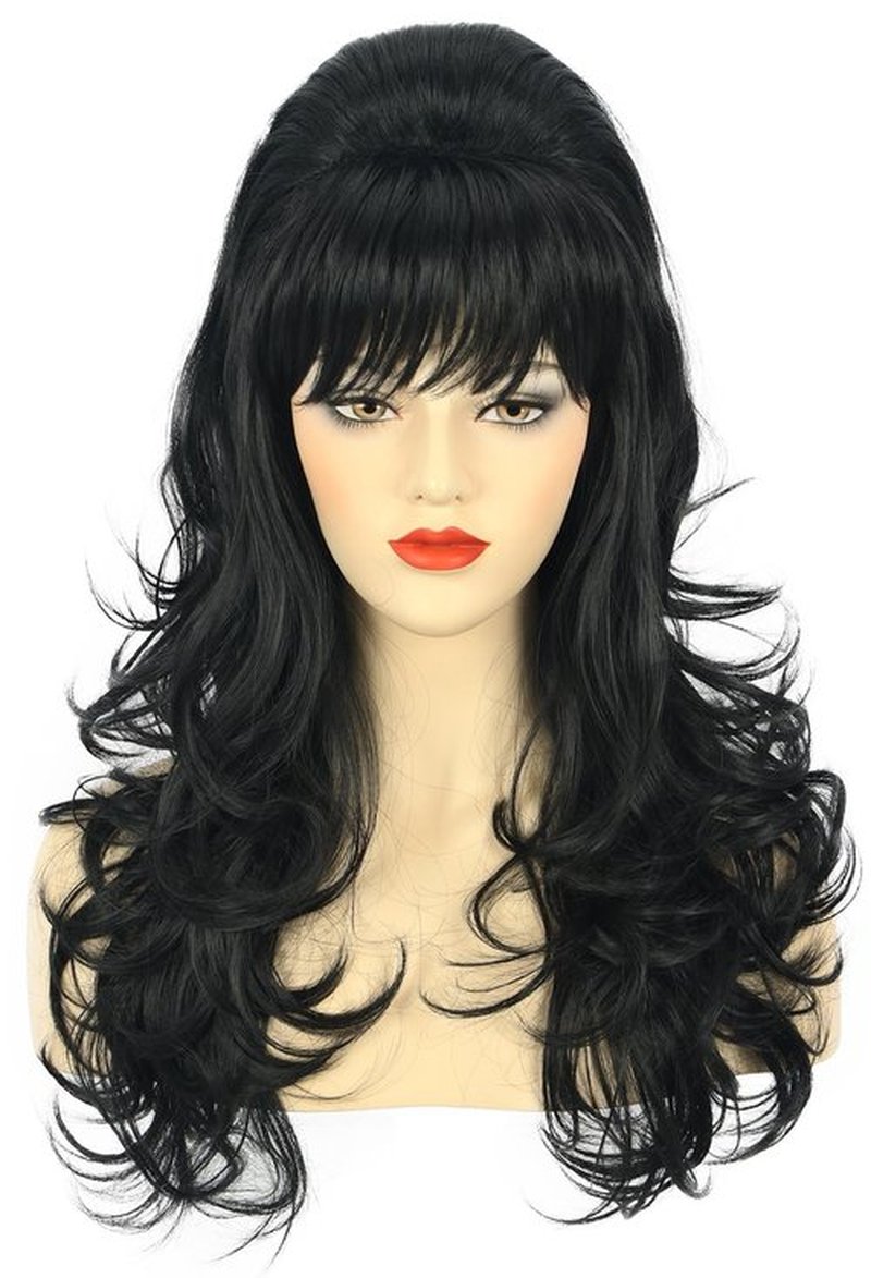 karlery Adult Women Long Wavy Black Wig Bouffant Beehive Wig 60s 70s Themed Party Costume Wig