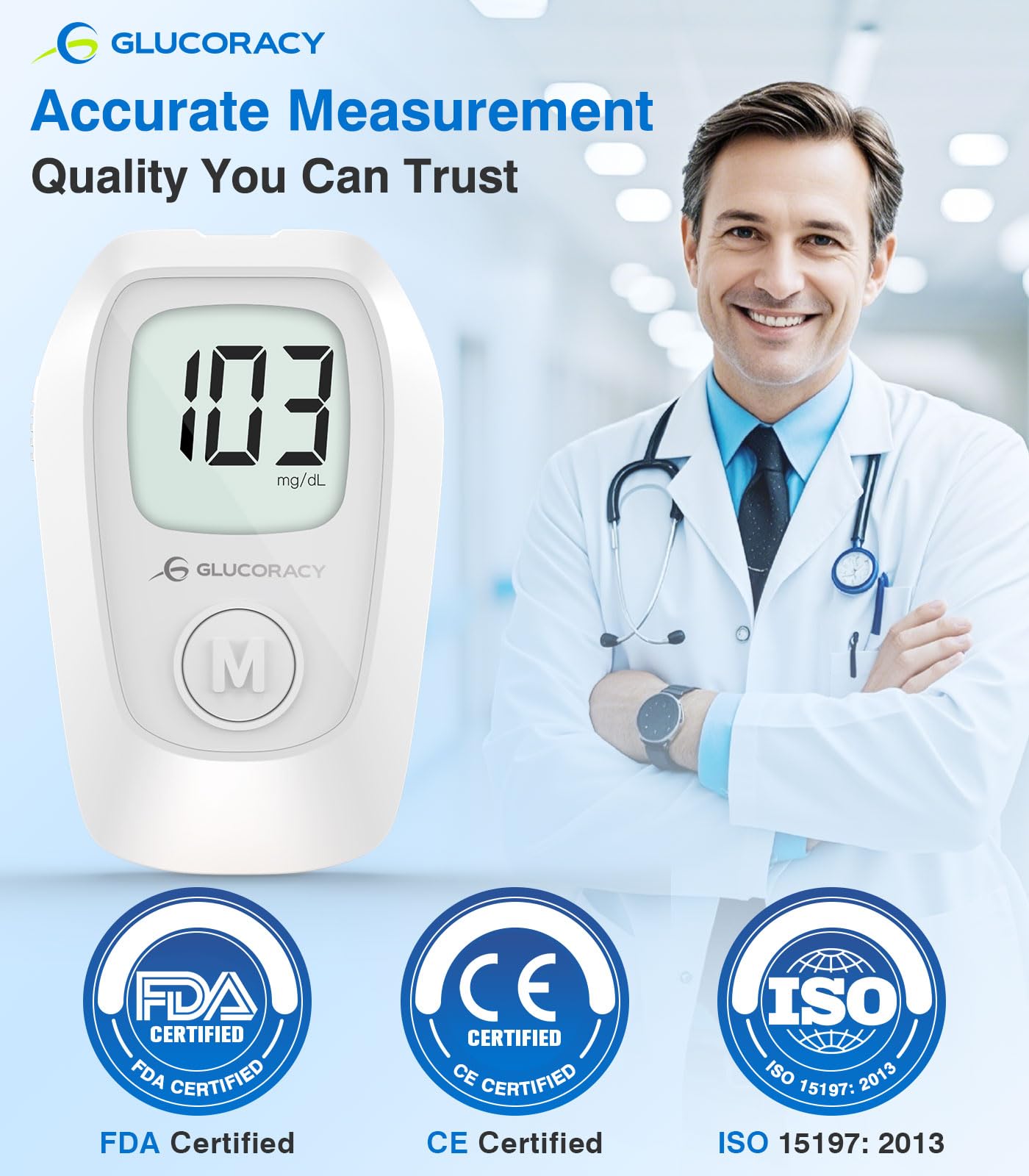 Glucoracy G-425 Glucose Monitor Kit, Blood Sugar Monitor with Glucose Meter, Lancing Device, 50 Test Strips and 50 Lancets, Blood sugar testing kit for Home Use, Diabetes Home Testing Kit