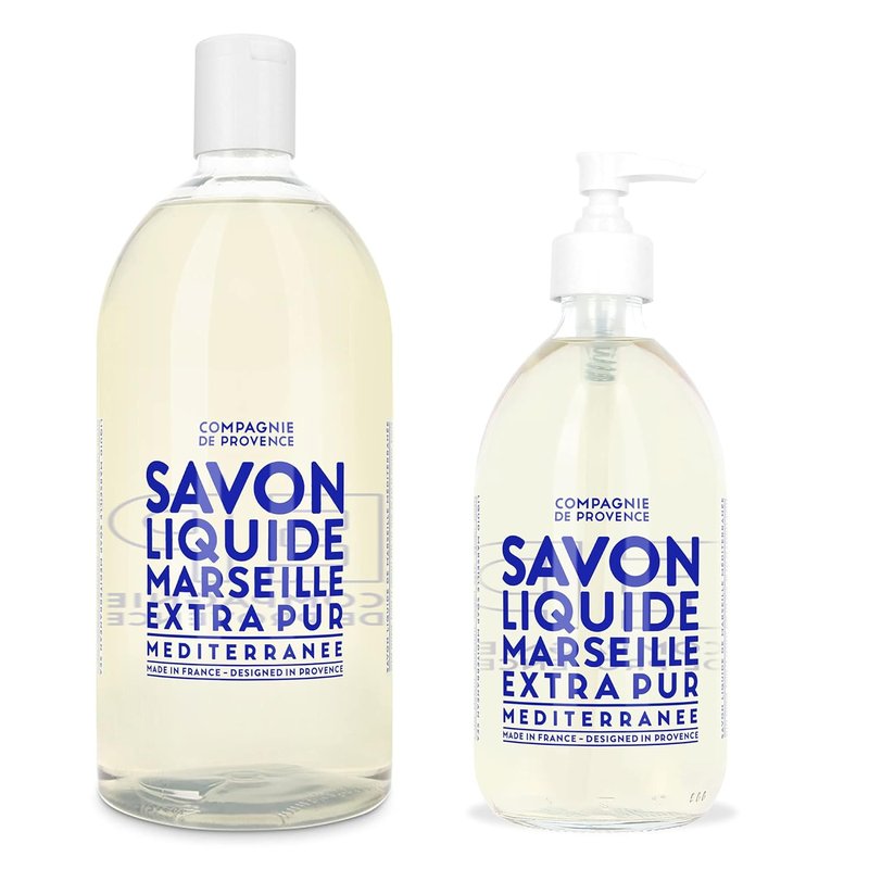 Compagnie de Provence Liquid Marseille Soap - Extra Pure Mediterranean Sea - 16.7 Fl Oz Glass Pump & 33.8 Fl Oz Refill