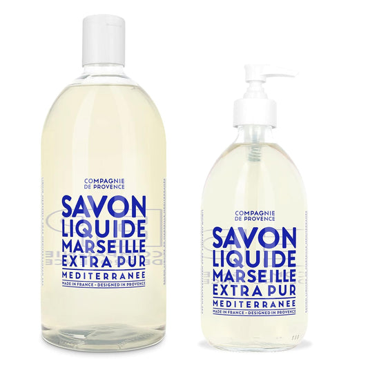 Compagnie de Provence Liquid Marseille Soap - Extra Pure Mediterranean Sea - 16.7 Fl Oz Glass Pump & 33.8 Fl Oz Refill