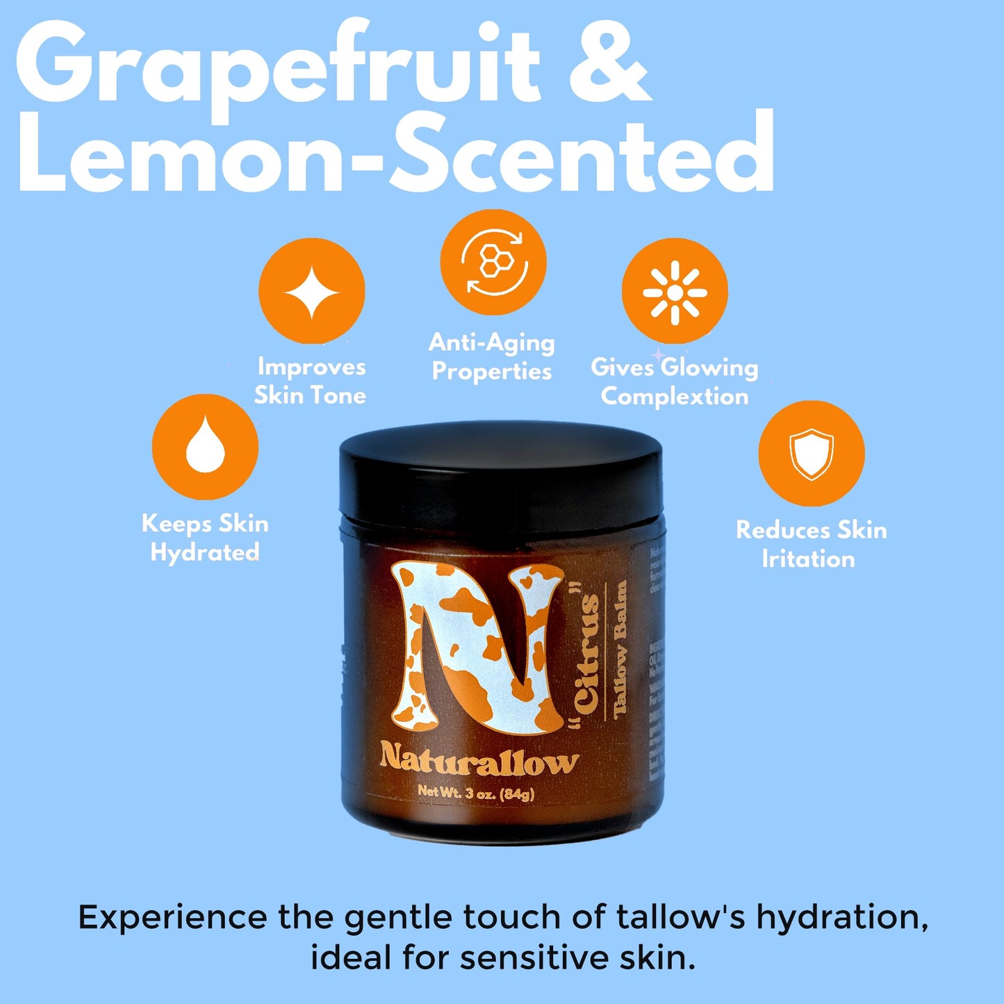 Handmade Multi-Purpose 100% Grass Fed & Finished Tallow Balm for Skin - Organic Grapefruit and Lemon Scented Tallow Balm For Dry Skin