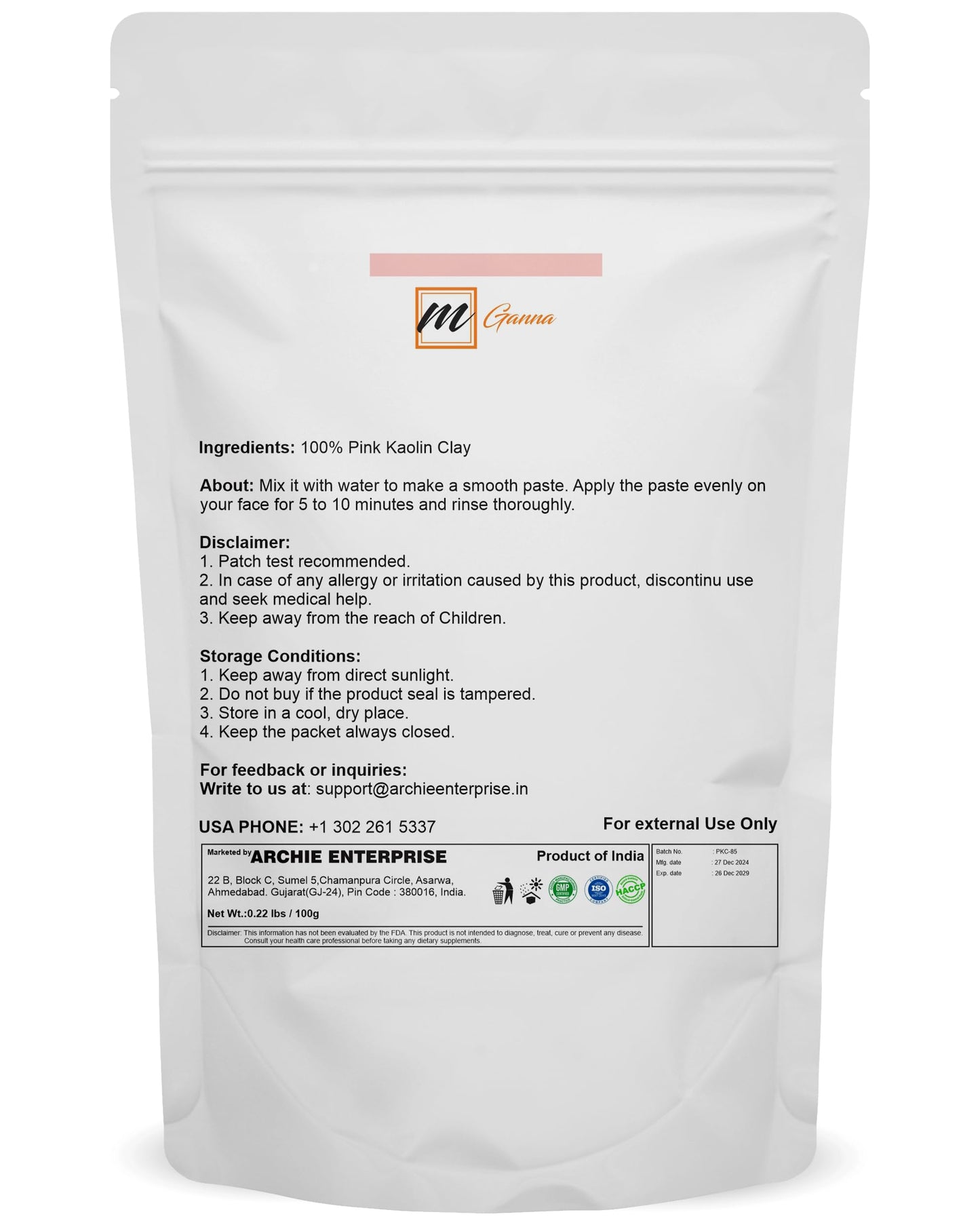 mGanna 100% Natural Rose Clay/Pink Kaolin Clay Powder for Facial Masks, Creams and Soap Making 100 GMS / 0.22 LBS