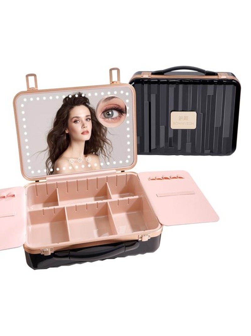 ROWNYEON Travel Makeup Case With Light Up Mirror Removable divider Portable Train Case Organizer Makeup Box for Girls Makeup Artist, Hairstylist Travel Makeup Case with 10x Mirror (Black)