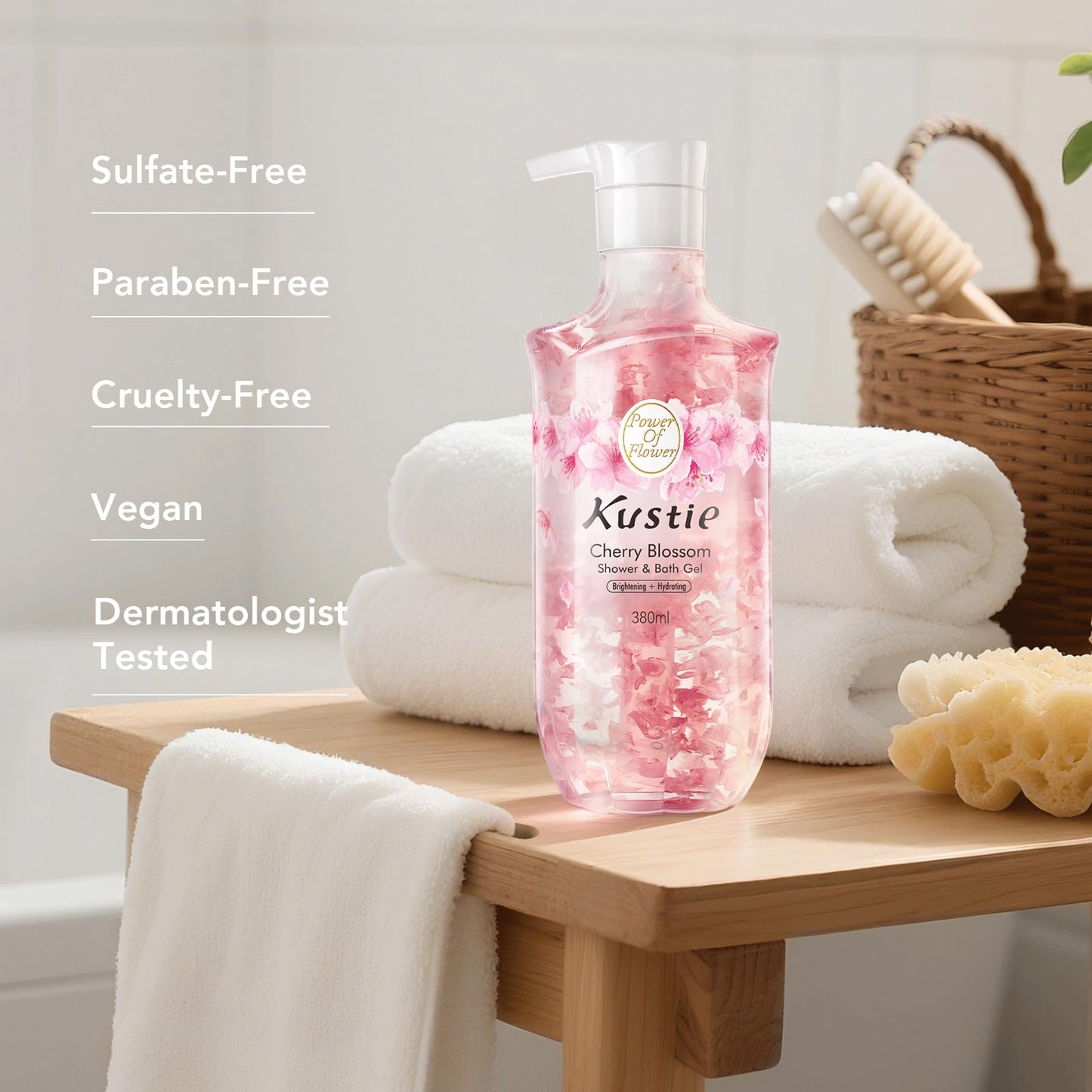 Kustie Natural Flower Petal Body Wash with Essential Oils, 24H Fragrance & Moisturizing Deep Cleanse Shower Gel for Sensitive & Dry Skin
