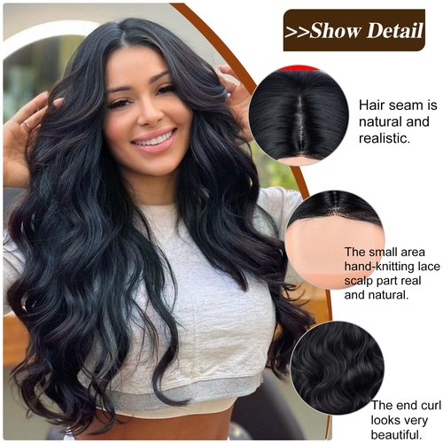 TOZIKA Long Black Wig for Women Wavy Wig Body Wave Lace Front Wig 26 Inch Middle Part Black Wigs Natural Looking Synthetic Heat Resistant Fiber Wigs for Daily Party Use