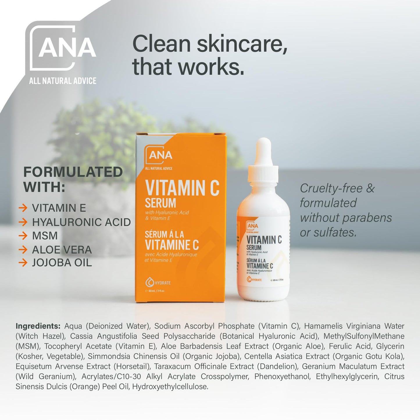 All Natural Advice Vitamin C Serum 60mL | 20% Vitamin C Face Serum Solution with Organic Botanicals, Hyaluronic Acid & Vitamin E | UV-Shielding Glass Bottle, Spray & Dropper | Canadian Skin Care