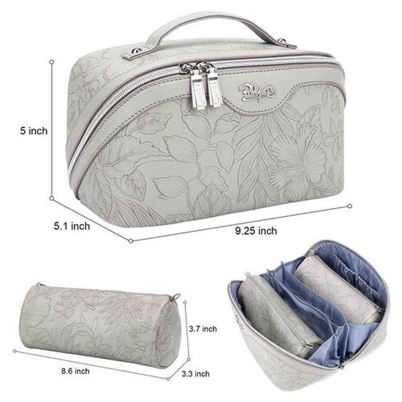 Travel Makeup Bags Cosmetic Organizer Bag: 3-Set Large Capacity Make up Bag - PU Leather Toiletry Bag for Women - Wide Open Portable Pouch with Divider & Handle (03-Light Gray)
