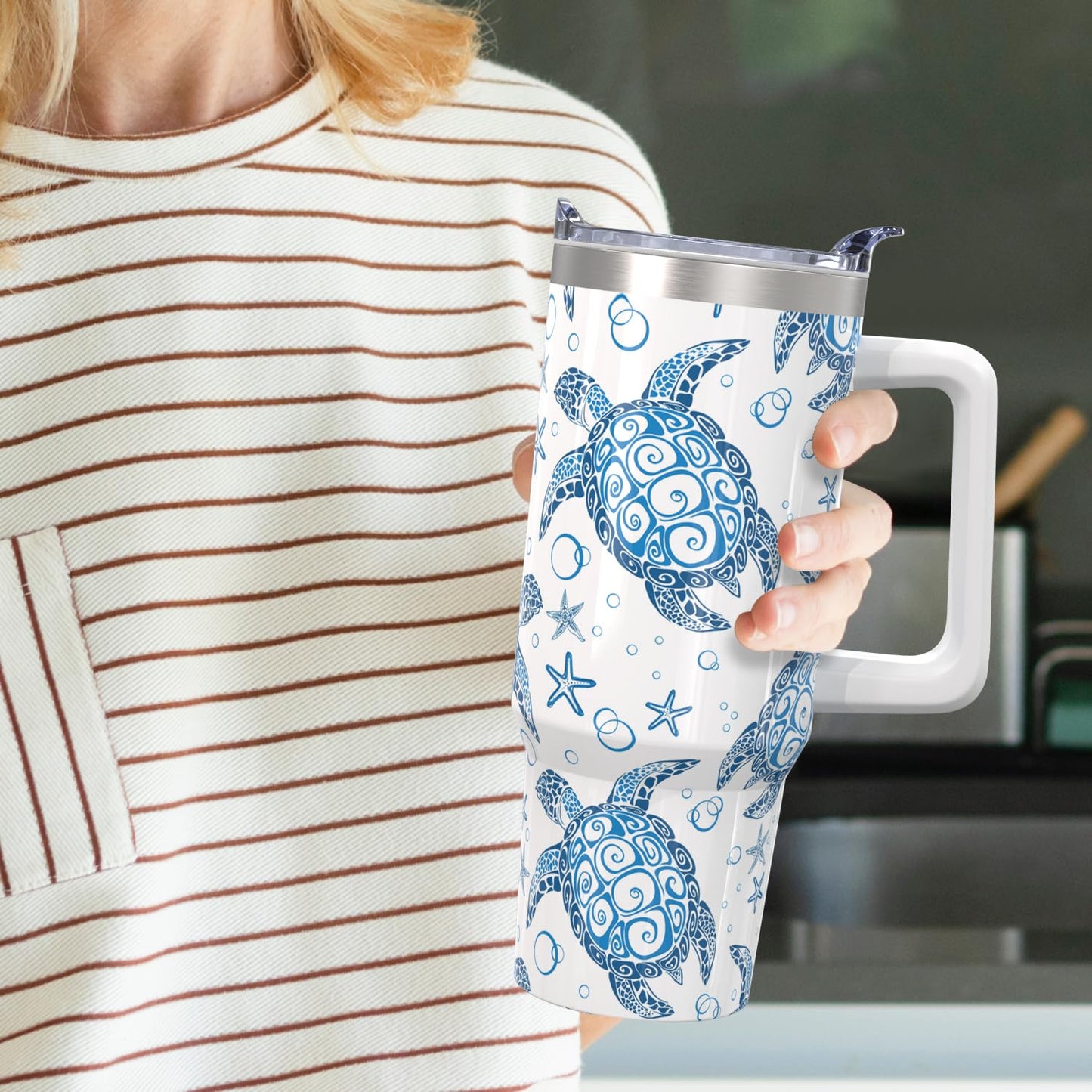 Mrazqev 30oz Stainless Steel Sea Turtle Tumbler with Lid and Straw - Ocean Insulated Turtle Cup for Women's Gifts