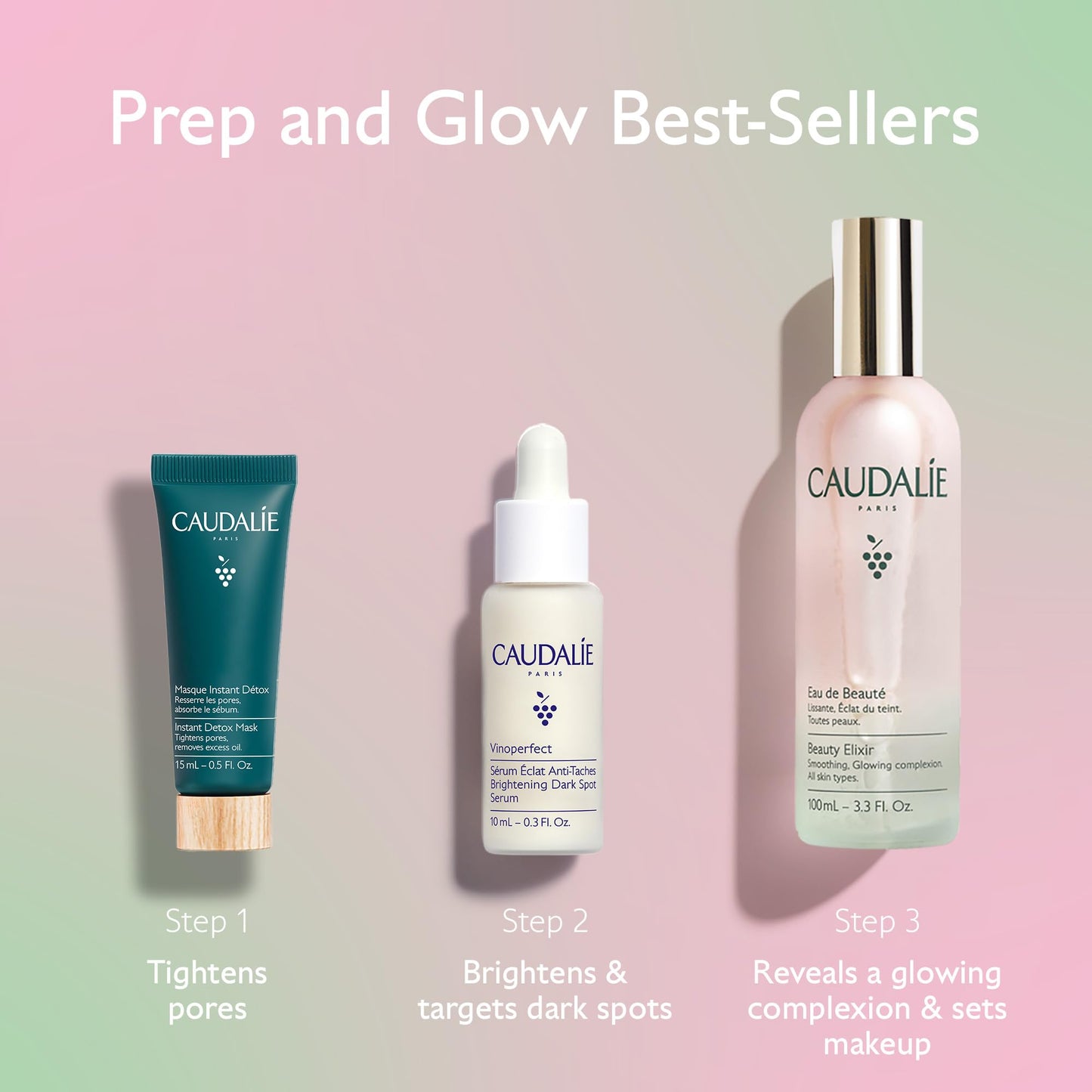 Caudalie Prep & Glow Best-Sellers Skin Care Set - Full-Size Beauty Elixir + FREE Instant Detox Mask 15ml + FREE Vinoperfect Radiance Serum 10ml
