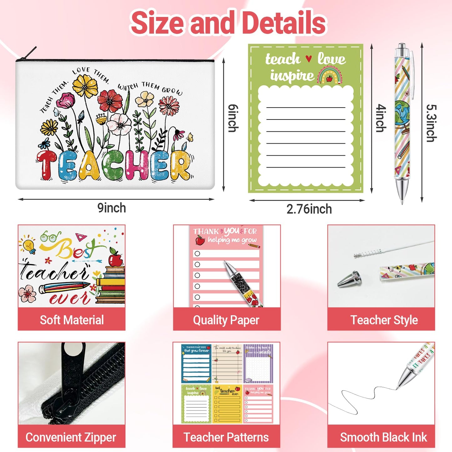 KOPOOEOE 36 Pcs Teacher Makeup Bags Appreciation Gifts Cosmetic Bags Funny Sticky Notes Teacher Pens Self-Stick Notes Thank You Gifts for School Coworker Employee Office Supplies