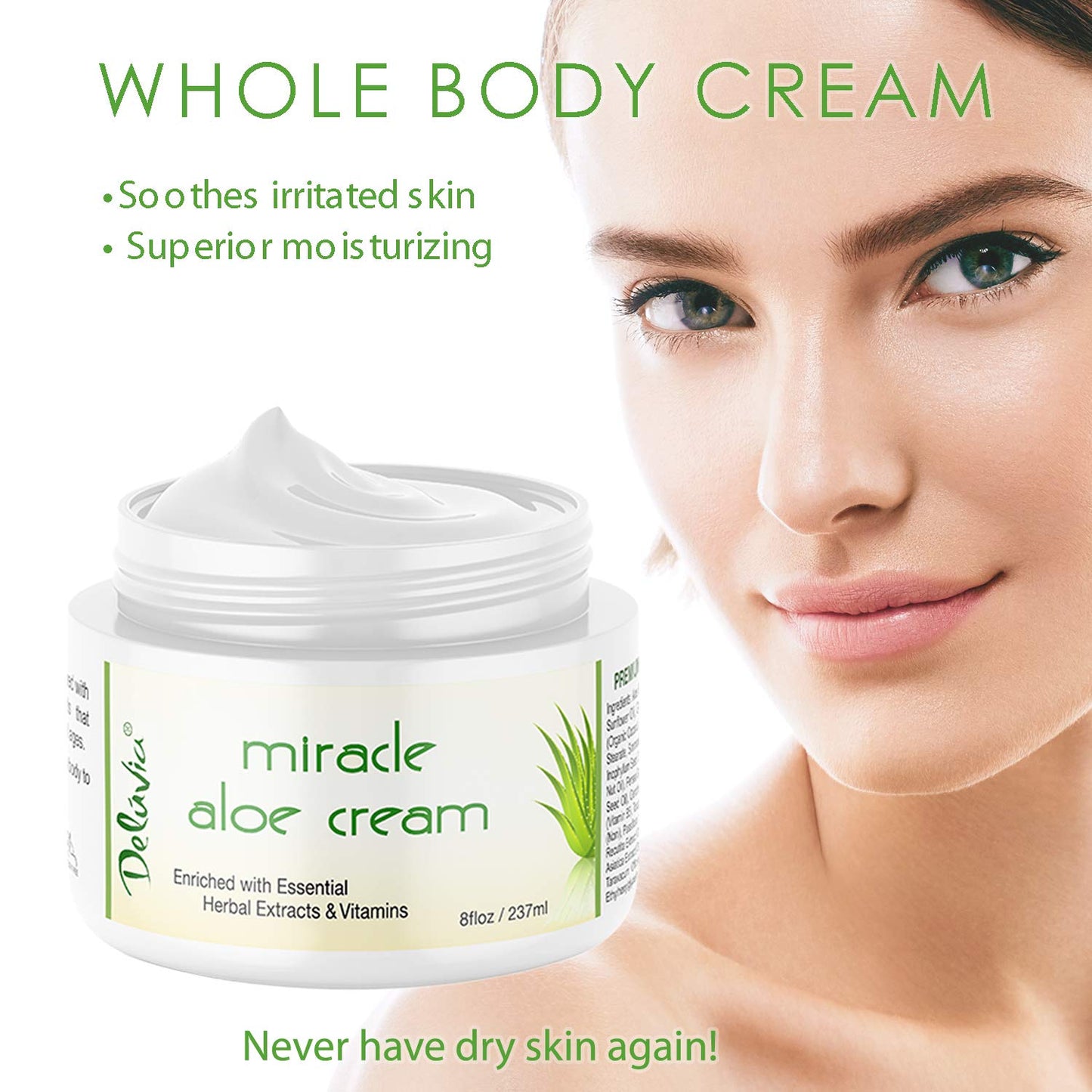 Deluvia Miracle Aloe Cream | Face & Body Moisturizer with Vitamin E & Organic Aloe Vera | Hydrating, Soothing for Dry Skin, Anti-Wrinkle, Acne Scars, Rosacea, Psoriasis, Eczema - 8 oz