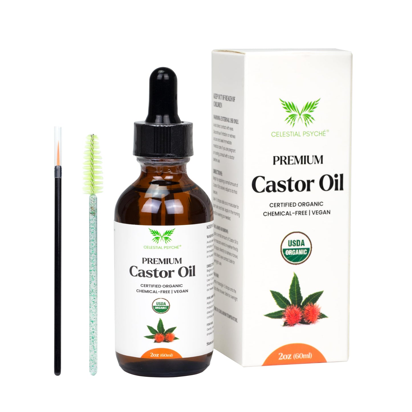 Celestial Psyché USDA Certified Organic Castor Oil (4 Oz with Essential Bundle - Eyebrow Kits) 100% Pure Natural, Chemical-Free, Hexane-Free, Promote Lash, Brow, and Hair Growth, Skin Hydration