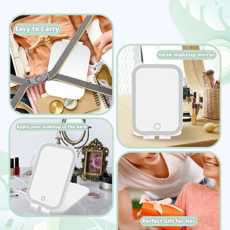 Puiuisoul Travel Makeup Mirror, Portable Mirror with Light, 3 Adjustable Light Settings USB-Rechargeable Vanity Mirror for Bedroom, Office, Home, Gift for Women and Girls (White)