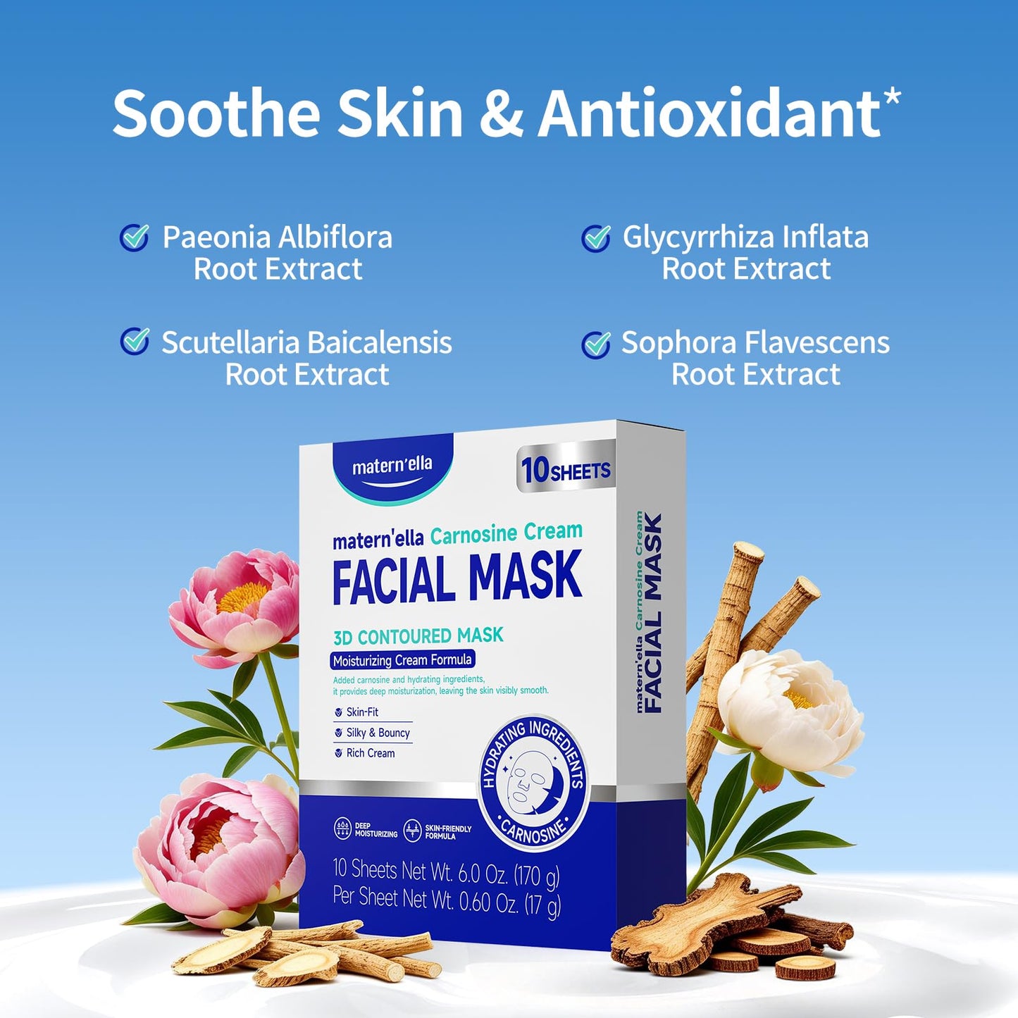 MATERN'ELLA Carnosine Cream Facial Mask with Pro-Xylane & Peptides, Anti-Aging, Plant Extract Based, 3D Contoured Face Mask for Wrinkles, Elasticity & Deep Hydration, Paraben & Fragrance Free, 4 pcs