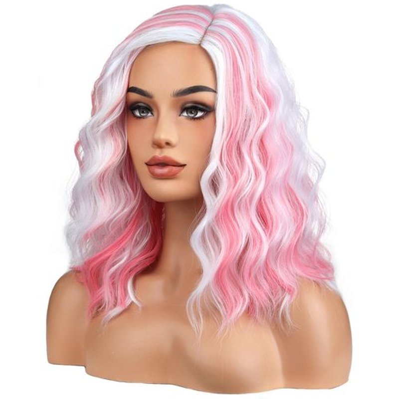 BERON ERON White and Pink Wigs for Women Short Curly Wavy Hair Wig Girls Mixed Highlights Color Synthetic Costume Cosplay or Used Wig