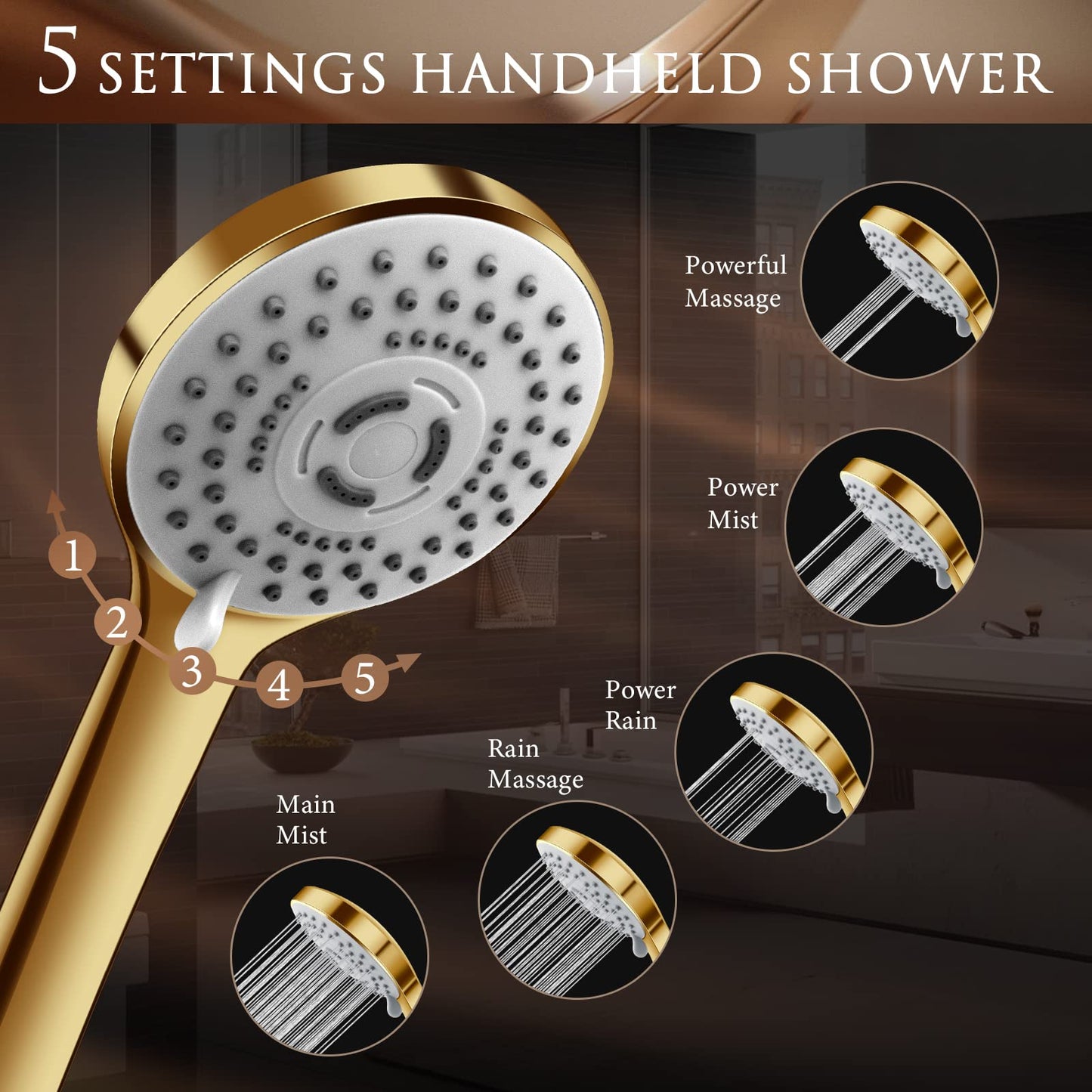 High Pressure Rainfall Shower Head/Handheld Shower Combo with 11" Adjustable Extension Arm, 5 Spray Settings Shower Heads with 60" Hose Anti-leak (Gold), 10"