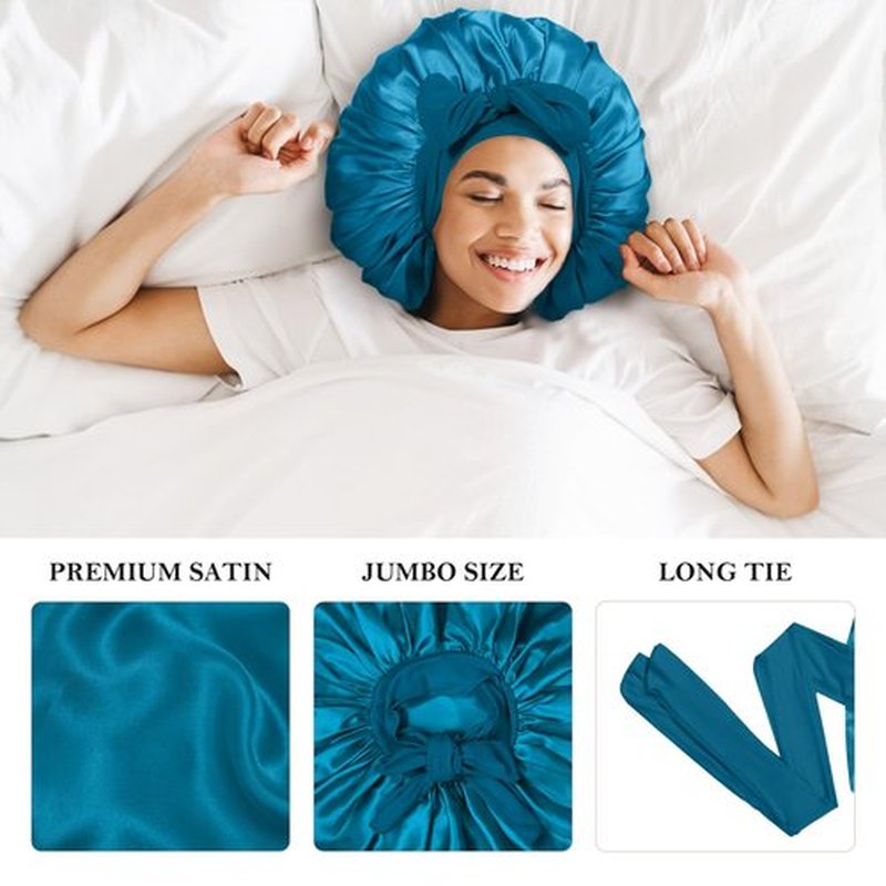 3Pcs Bonnet Silk Bonnet for Sleeping, Satin Bonnet for Sleeping Hair Bonnets for Sleeping Black Curly Hair Women Extra Large Jumbo Bonnet with Tie Band Braids (Black+Peacock Blue+Purple) shower cap