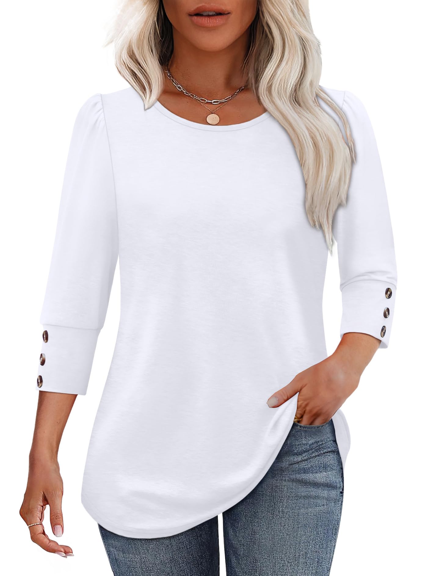 OFEEFAN Womens Tops 3/4 Sleeve with Buttons Dressy Casual Blouses Summer Outfits Beach Vacation Plus Size Spring Clothes