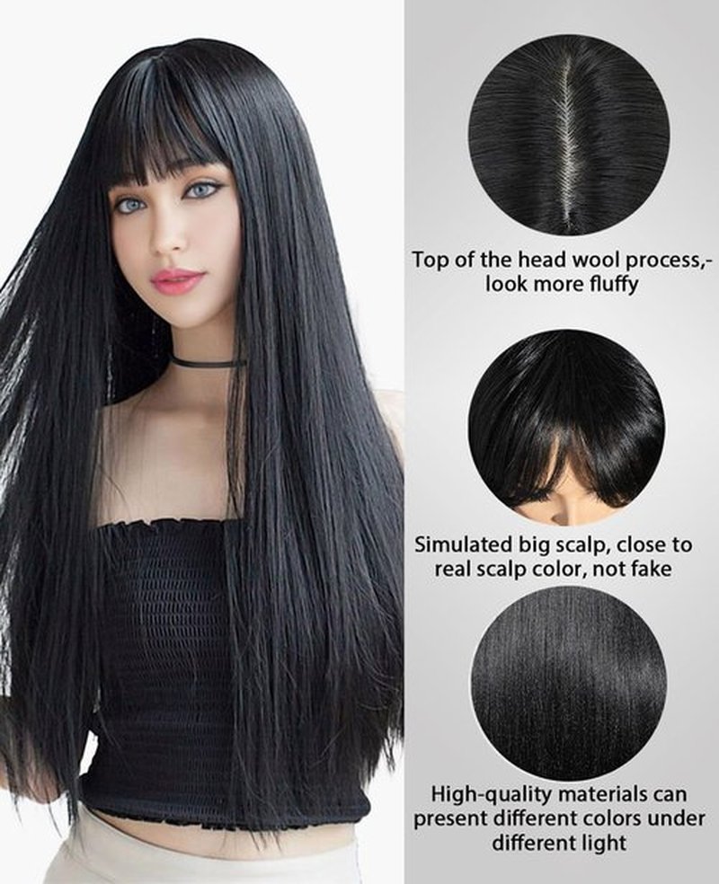 MaxlaceWig Black Wig with Bangs for Women, Long Black Wig 28 Inch Black Straight Synthetic Wig Natural Looking Heat Resistant Fiber Guleless Wig for Daily Party Use Long Colorful Cosplay Halloween Wig