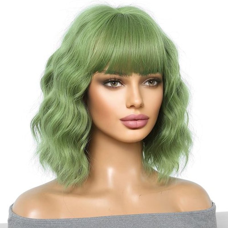 MAGQOO Green Wig for Women Green Bob Wigs Short Curly Wavy Green Wigs with Bangs Costume Cosplay Halloween