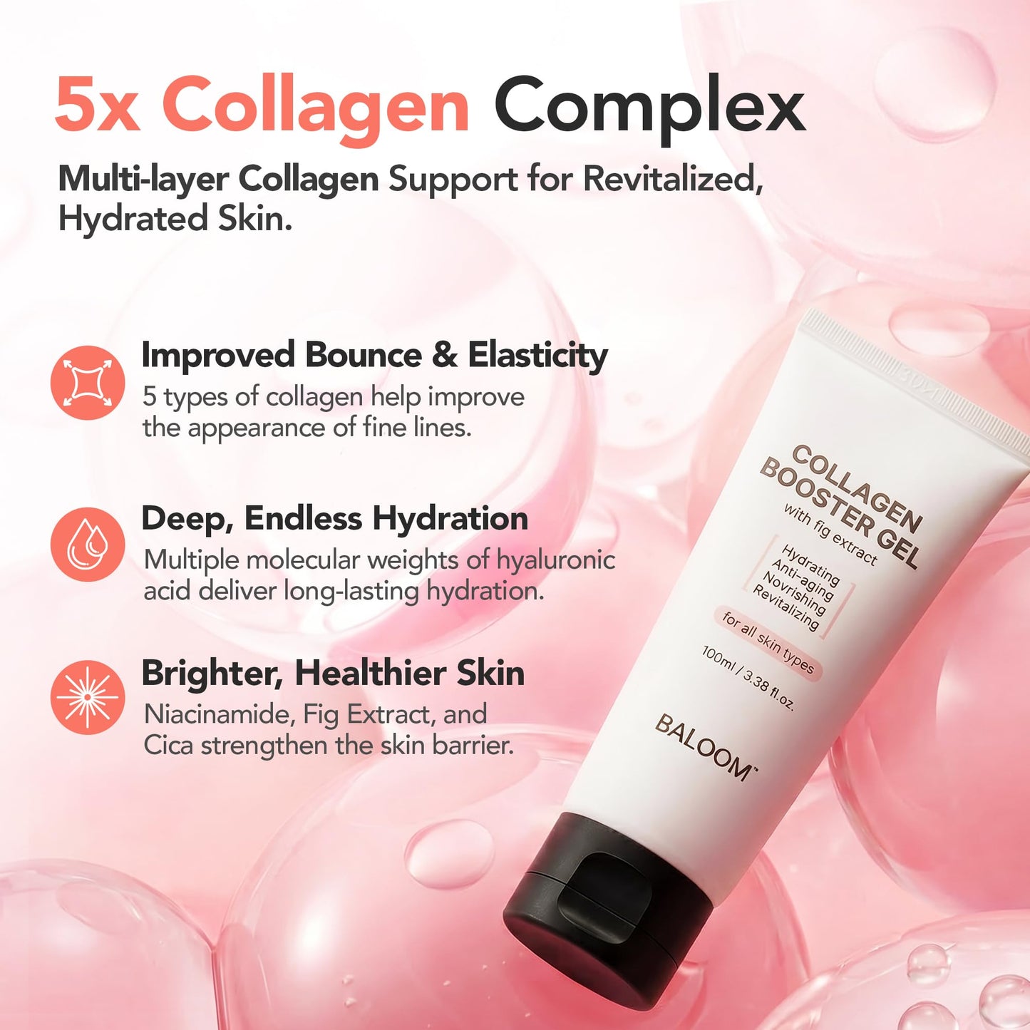 BALOOM Collagen Booster Gel - Korean Skin Care Face Serum with 5X Collagen, 7-Layer Hyaluronic Acid, Niacinamide & Cica - Hydrating Anti-Aging Moisturizer for Firming & Glass Skin Glow, 3.38 fl oz