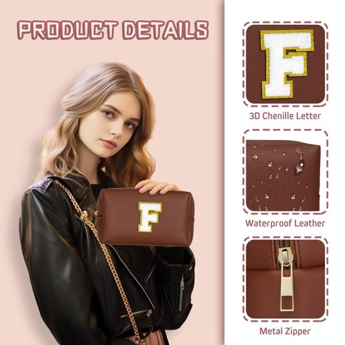 TOPEAST Preppy Makeup Bag, Personalized Initial Bags with Zipper, Cute Makeup Pouch, PU Leather Waterproof Cosmetic Bag, Birthday Gift For Daughter, Preppy Things For Girls (Brown A)