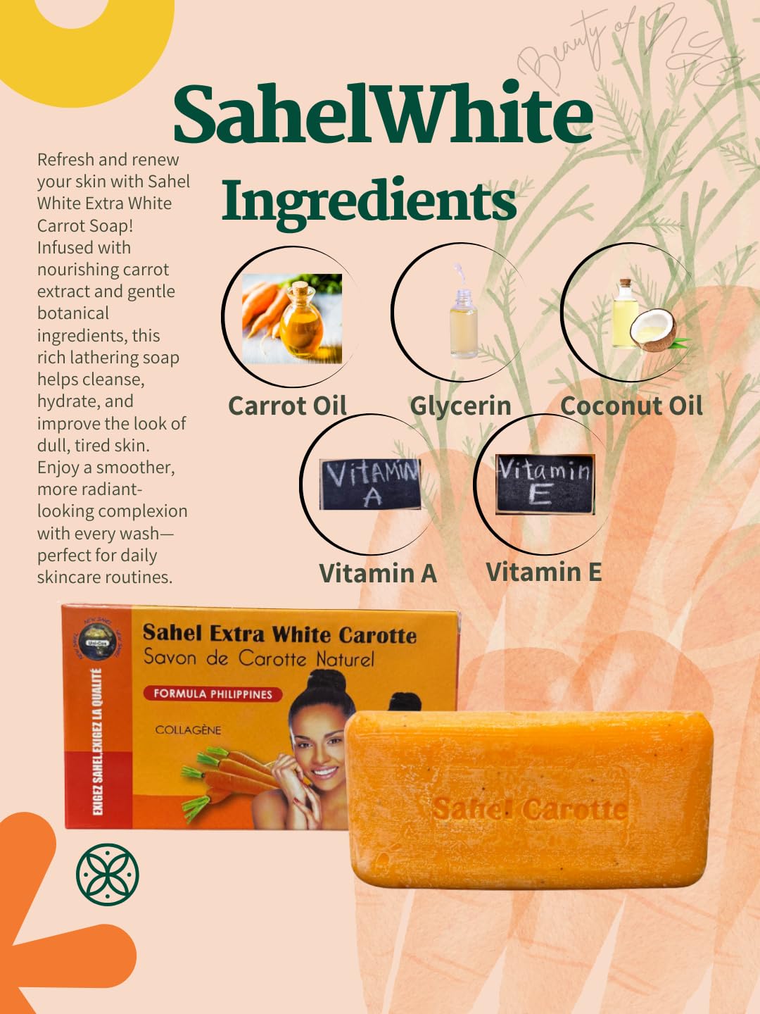 Sahelwhite Extra White Carotte Soap 180g – Natural Carrot Extract Body Bar – Cleansing & Nourishing Face and Body Soap – Savon de Carotte Naturel – Helps Improve Skin Clarity & Radiance