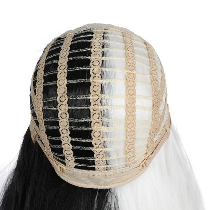 PATTNIUM Black White Wig Long Curly Wavy Wig Black and White Wig with Bangs for Women Two Color Wig Synthetic Halloween Cosplay Wig (Black and White)