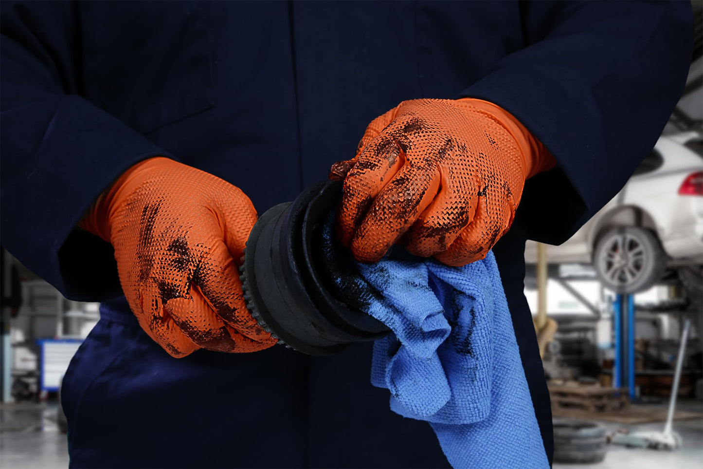 GLOVEWORKS Industrial Orange Disposable Gloves, Flock-Lined Nitrile Gloves, Raised Diamond Texture, 8 mil, X-Large, Box of 50