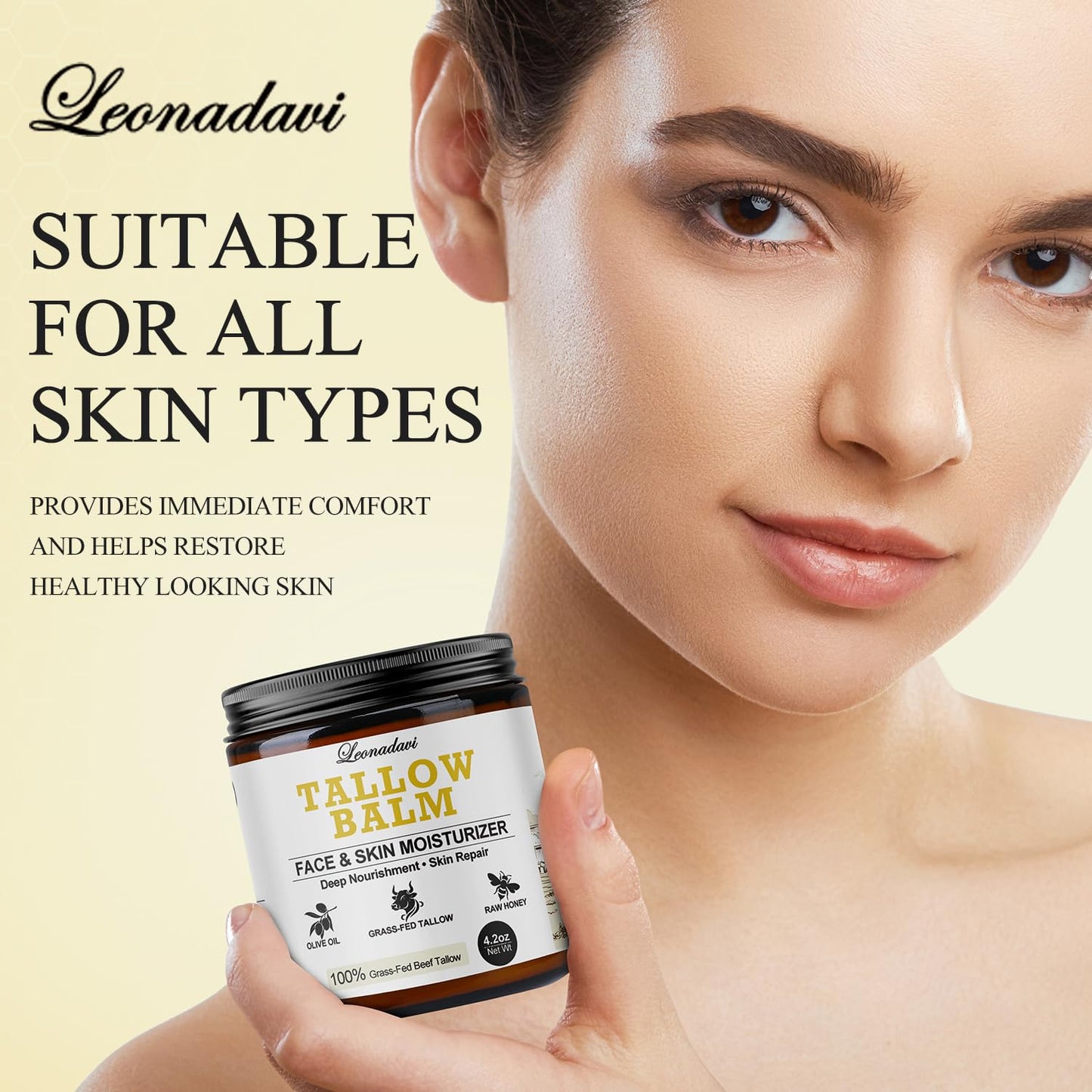 Leonadavi Whipped Beef Tallow for Skin – 4.2 oz Natural Moisturizer with Grass Fed Tallow, Honey & Olive Oil – Handmade Balm for Face & Body, Dry Sensitive Skin, Eczema, Rosacea – Natural Honey Aroma