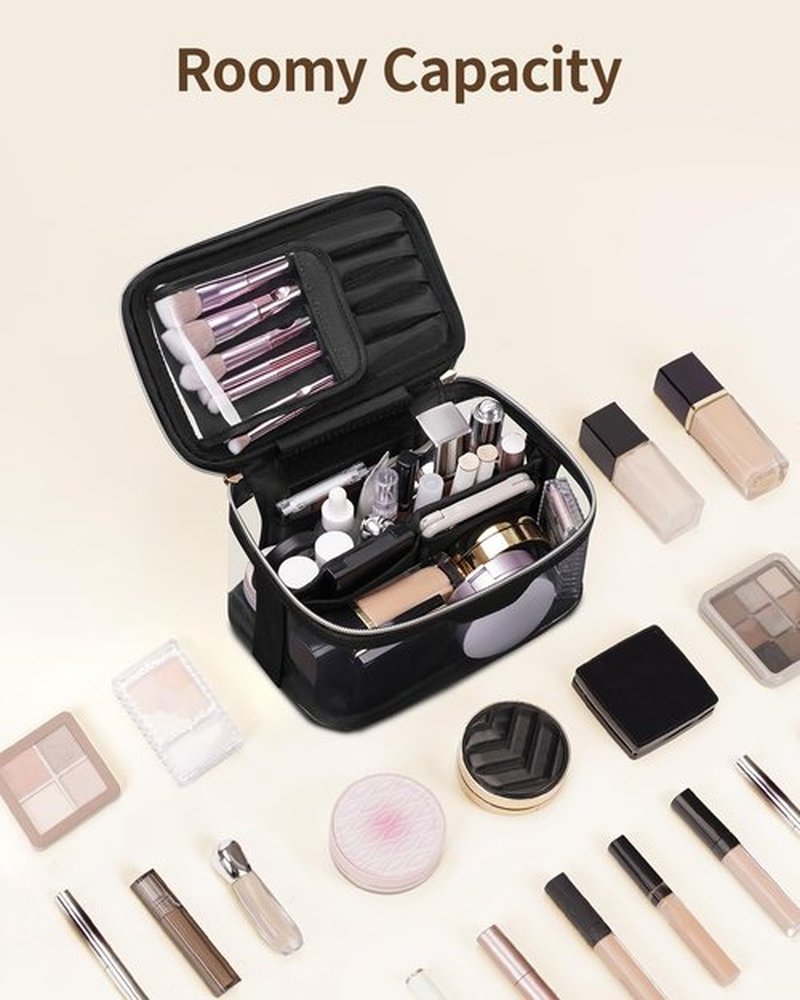Wandering Nature Clear Makeup Bag,Transparent Makeup Case,Wide Opening Make up Bag, Travel Make Up Organizer Cosmetic Brush Bags for Women with Divider and Brush Compartment, Black(Patent Pending)