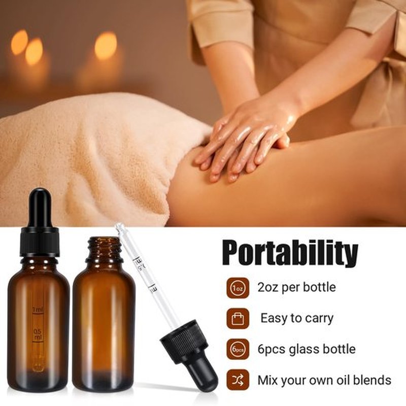 UMETASS 2 oz Dropper Bottles 60ml Thick Dark Amber Glass Tincture Bottles with Eye Droppers - Leakproof Essential Oils Bottles (6pcs-Brown-2oz)