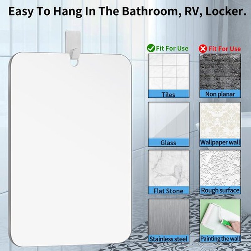 EUAIAJ Fogless Shower Mirror, Shower Mirror Large (10.5x8in) & Clear Reflection, Easy Install & Unbreakable, Travel Shower Anti Fog Mirror, Adhesive Shower Mirror