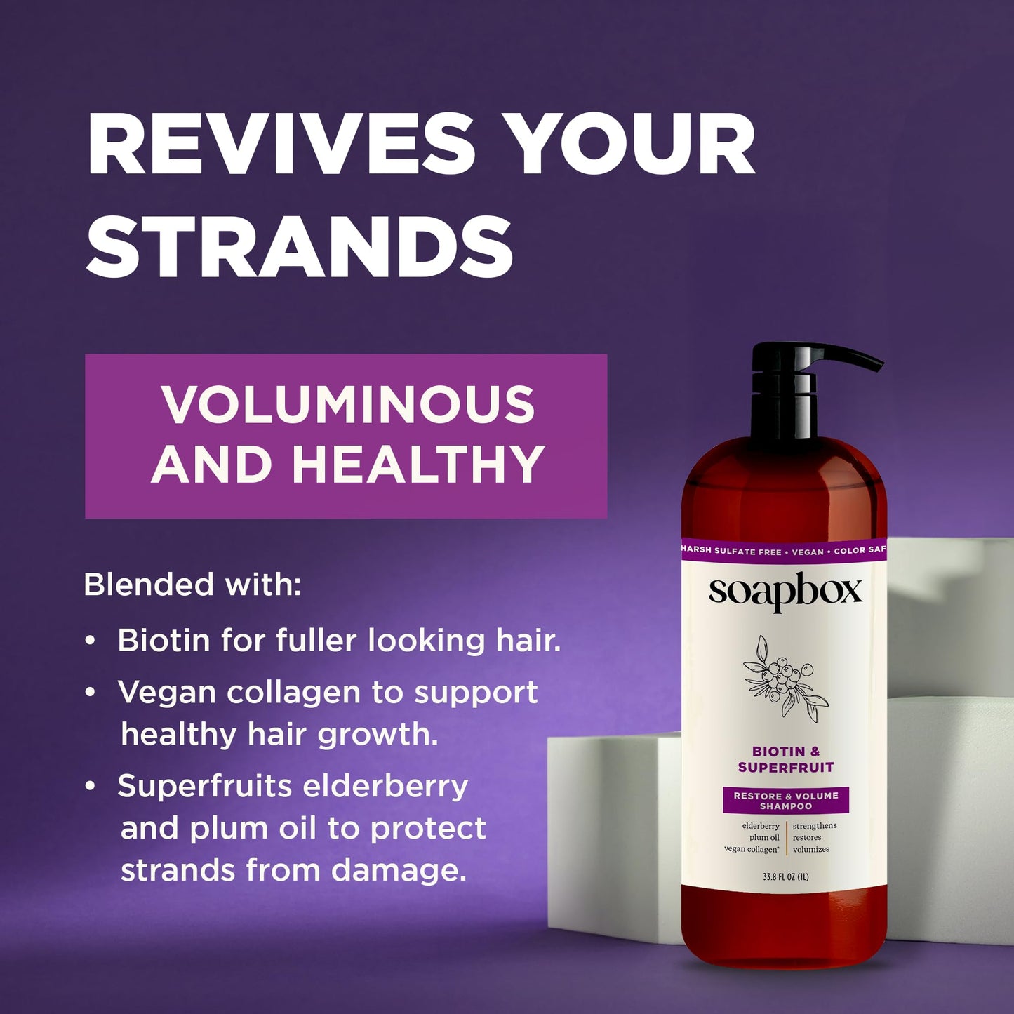 Soapbox Biotin Shampoo, Biotin & Super Fruit Shampoo for Thin, Fine, Thinning Hair | Volumizing & Repairing to Promote Hair Growth, Strength, Fullness, 1 Liter Pump Bottle