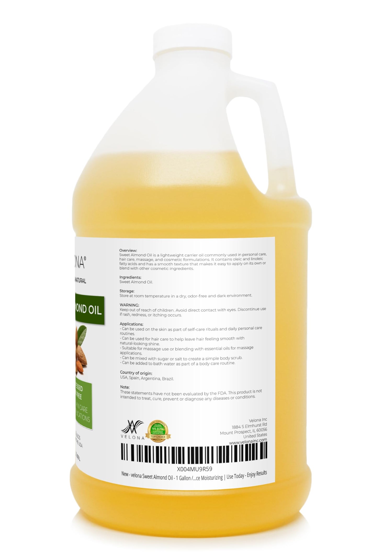velona Sweet Almond Oil - 1 Gallon / 128 Fl Oz | 100% Pure and Natural Carrier Oil |Cold Pressed | Skin, Hair, Body & Face Moisturizing | Use Today - Enjoy Results…